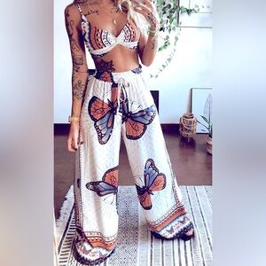 Boho Butterfly Print Crop Top & Wide Leg Pants Set